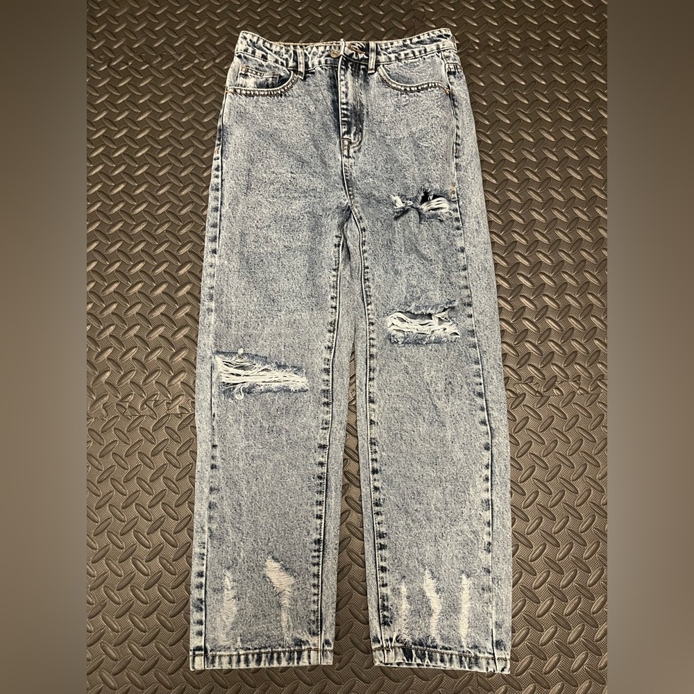Distressed Light Blue Straight Leg Jeans